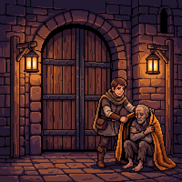 Pixel art traveler wrapping a warm cloak around an old beggar beside a closed city gate at night
