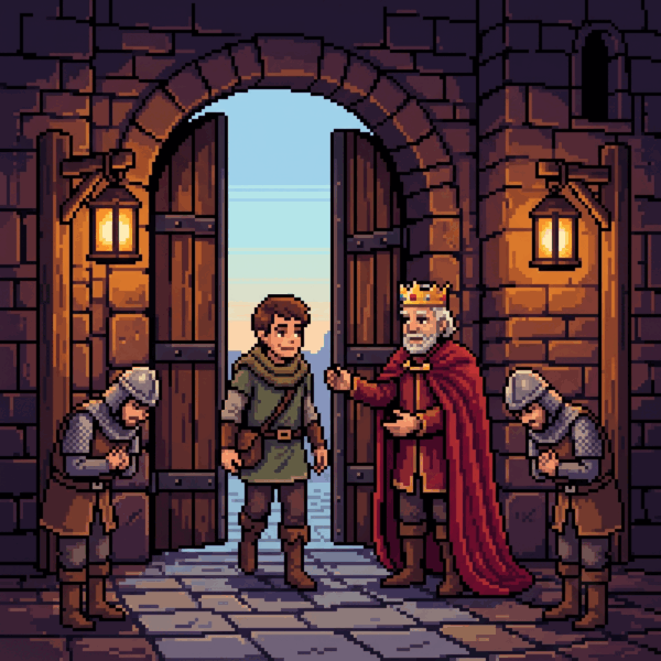Pixel art city gate open at dawn, the beggar revealed as a crowned king welcoming the traveler while guards bow