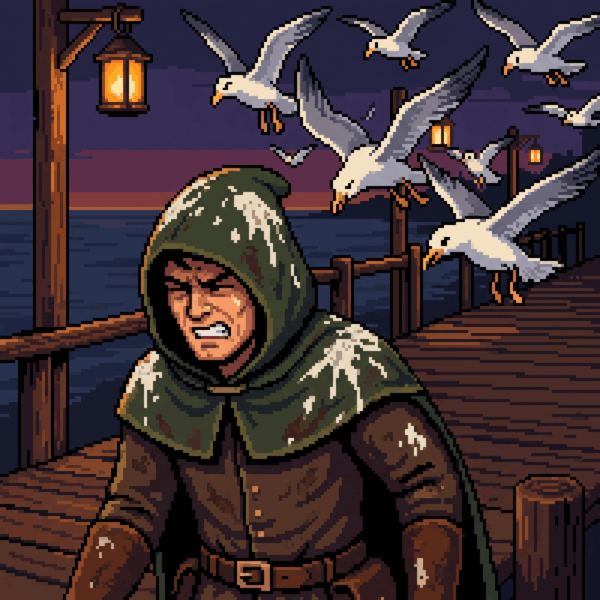 Pixel art adventurer cringing under a swooping flock of seagulls, hood freshly soiled