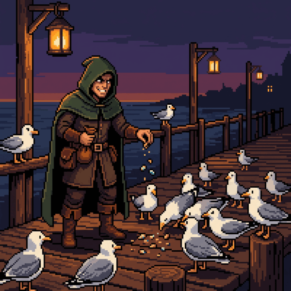 Pixel art adventurer slipping suspicious crumbs to a flock of seagulls on a night pier