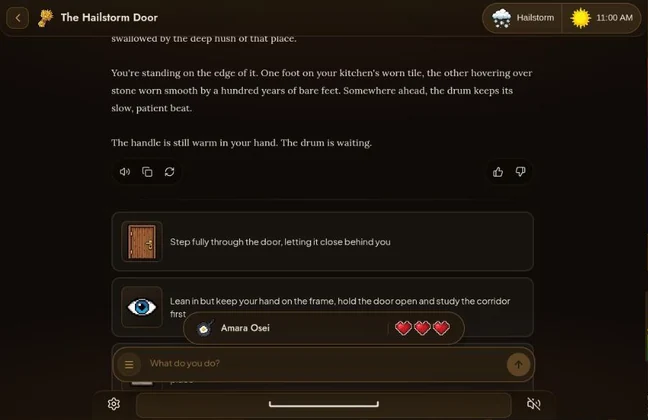A laptop showing a Tohil story turn: prose, three choices, and the character's hearts