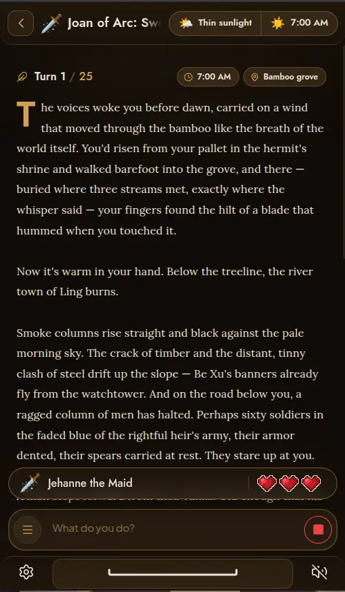 Tohil mid-story on a phone: turn one of twenty-five, narrated prose, the character's pixel hearts, and the what-do-you-do input