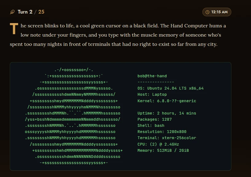 Narrated prose followed by a rendered terminal block of system output